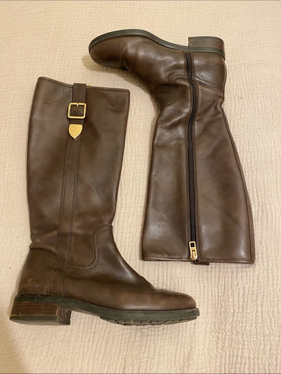 Coach Shoes - COACH Brown Leather Riding Boots with Gold Buckle. Size 7